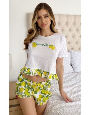 WHITE SQUEEZE THE DAY LEMON PRINTED SHORT PJ SET